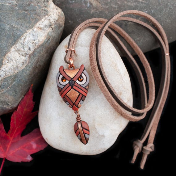 Great Horned Owl Necklace with dangly leaf on adjustable leather cord, Nature Gift Idea