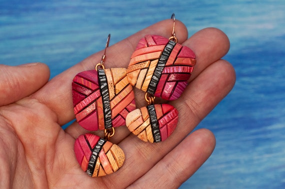 Earrings, Ombre colors of pink & peach, Abstract Mosaic, Unique Gift Idea, Copper Wires, Zebra stripe in center, Bright, Very lightweight