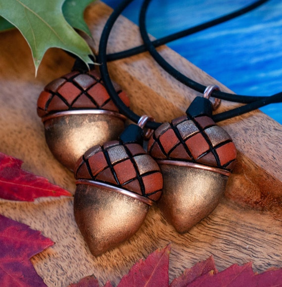 Acorn Necklace, Fall Mosaic Art to Wear, Genuine Copper accents, Unique and Cute Gift idea for Nature Lovers, Lightweight, Oak Tree symbol