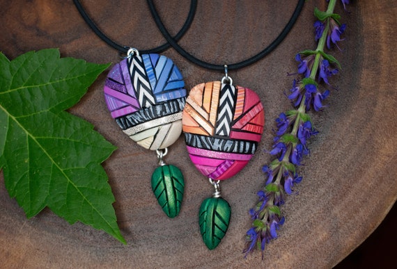 Mosaic Art Necklace,  2 color options, Little green leaf dangle, Colorful and cute Gift Idea, Black and white accents, coordinates available