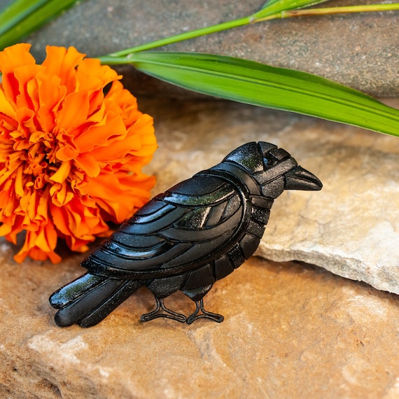 Raven Brooch, Handmade Raven Pin, Sculptural Mosaic Bird Art, Wildlife Jewelry