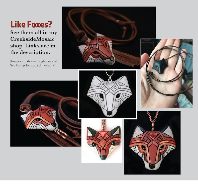 See my entire collection of handmade foxes as necklaces, ornaments, and knitting pendants. Red, white and black available.