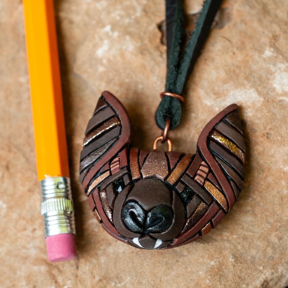 Little Brown Bat Necklace with fangs on Adjustable Leather Cord, Halloween Gift, Spirit Animal Face, Spooky Gothic Vampire Symbol