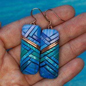 Earrings, Lavender Turquoise & Blue Ombre Mosaic Art with Genuine Copper Details, Rectangular Shape, Unique Gift Idea, Lightweight and Fun
