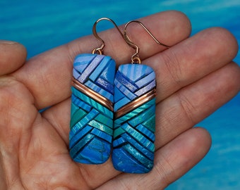 Earrings, Lavender Turquoise & Blue Ombre Mosaic Art with Genuine Copper Details, Rectangular Shape, Unique Gift Idea, Lightweight and Fun