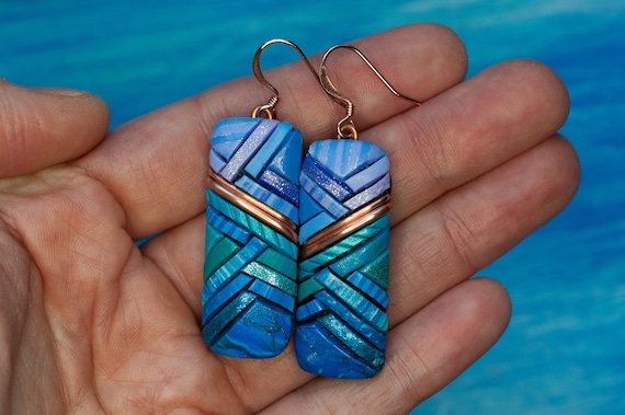 Earrings, Lavender Turquoise & Blue Ombre Mosaic Art with Genuine Copper Details, Rectangular Shape, Unique Gift Idea, Lightweight and Fun