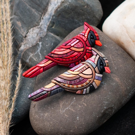 Cardinal Brooch Pin – Male or Female Bird Jewelry – Red Cardinal Gift for Mom or Grandma – Handmade Mosaic Nature Pin