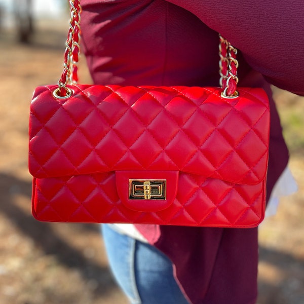 Timeless Classic Chain Flap Bag | Red Classic Flap Bag | Quilted Diamond Lattice Handbag | Shoulder Crossbody Bag | Luxury Handbag