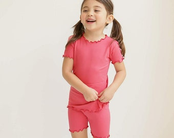 Shirring Summer Pajama for 1 to 12 years old girls, Baby Girls Jammies, Toddler Short Sleeve Pajama(Rose Coral, Peach Rose, Magenta Pink)