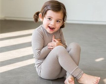Rib Knit Kids Pajamas 1 to 12 years, Baby Knit Pajama Set, Toddler Modal Soft Pajama Set (Beige, Charcoal, Black, Khaki)