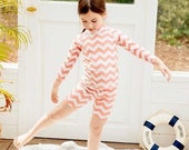 Matching Baby and Kids UV Swimsuit. Zig Zag Pink One piece for Newborn to age 2 Two pieces for Girls to age 7, Coral Rash Guard Swimsuit