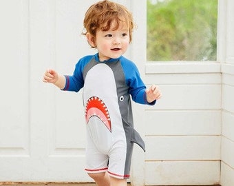 Baby Shark Hoodie UV Swimsuit, Jaw White 3/4 sleeve Swimsuit for Newborn to age 2, Toddler Sun Protection Rash Guard Swimsuit