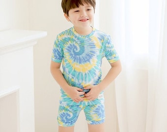 Tie Dye Bamboo Fabric Summer PJs, Baby Tie Dye Short Sleeve Pajama Sets in Blue Yellow, Purple Mint and Mint Blue