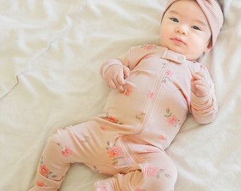 Modal Floral Baby Footed Sleepers,  Baby Footie Pajama (Romantic Rose, Wind Flower and Pink Bouquet)