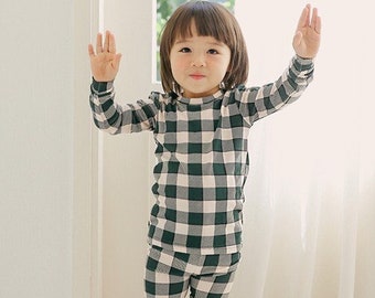 Window Check Kids Long Sleeve Pajamas, Baby Modal Pajama Set, Toddler Soft Pajama Set(Peach, Pink, Green)