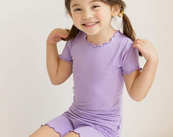 Shirring Summer Girls Pajama for 1 to 12 years, Toddler Short Sleeve Pajamas, Baby Jammies (Light Purple, Cherry Purple)