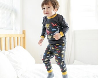 Dino Pajama Set for dino lovers, Toddler Dinosaur Pajamas, Baby Dino Pajamas in Navy, Charcoal & Khaki