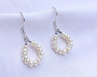 Pearl Circle Hoop Earrings, Silver Pearl Earrings, Casual Pearl Earrings, Pearl Jewelry, Freshwater Pearl Hoops