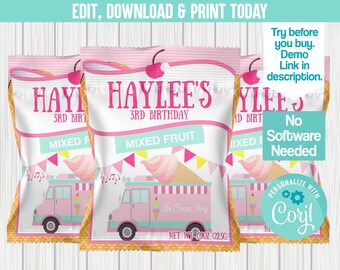 Editable Ice cream Fruit Snack Label, Printable, Instant Download, Ice Cream Party, Birthday, Party Favor, Party Decor, Digital 0033
