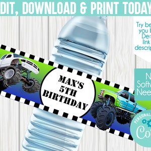 Editable Monster Truck Water Label Monster Truck Birthday - Etsy
