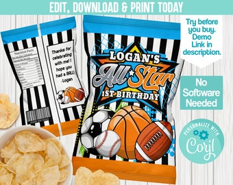 Editable Sports Chip Bag v2, Instant Download, Printable, Sports Birthday, Baby Shower, Party Favor, Party Decor, Favor tag, Digital 0016