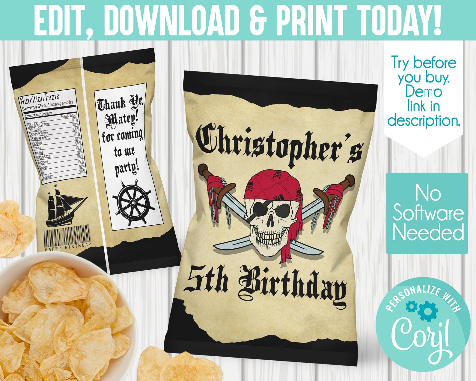 Editable Pirate Chip Bag/ DIY/ Pirate Printable/ Pirate - Etsy