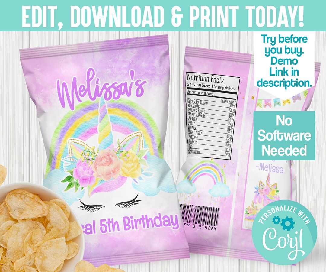 Editable Unicorn Chip Bag Unicorn Birthday Unicorn Party - Etsy