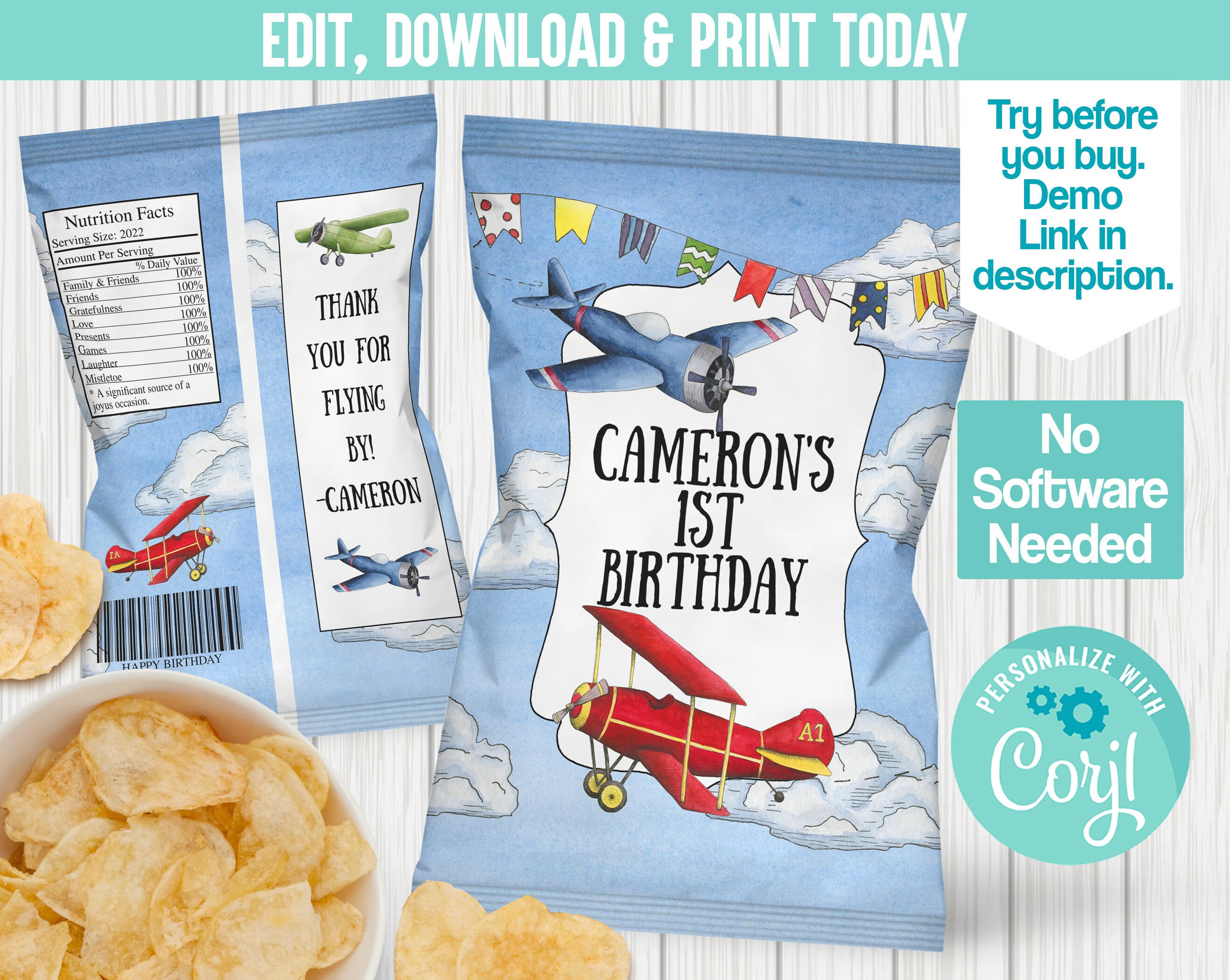 Editable Airplane Chip Bag Airplane Printable Instant Etsy