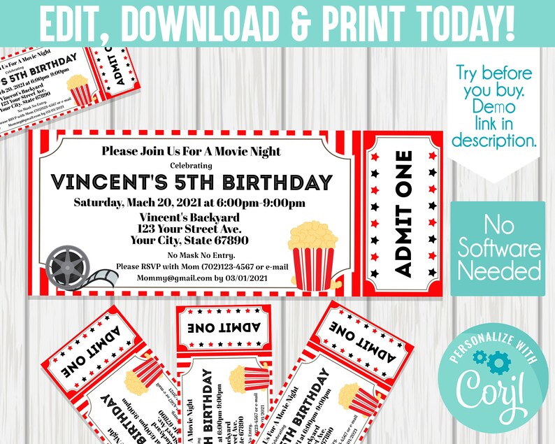 Editable Movie Invitation/ DIY/ Movie Ticket/ Movie Printable/ - Etsy