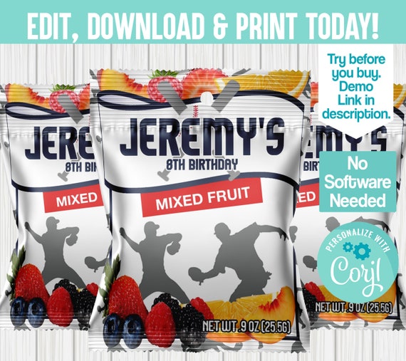 Editable Baseball Fruit Snack Digitalbaseball Favors Etsy