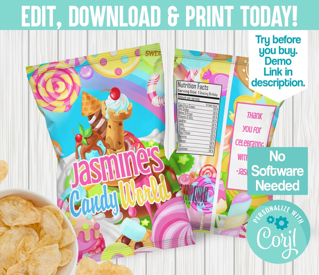 Editable Candy World Chip Bag Candy Theme Candy Birthday - Etsy