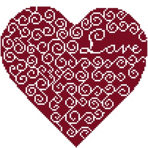 May include: A heart-shaped design in burgundy with white swirling patterns and the word "Love" in cursive. The pixelated style gives it a cross-stitch or digital art appearance, perfect for Valentine's Day or romantic themes.