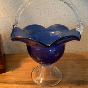 Vintage Handblown Cobalt Blue glass basket