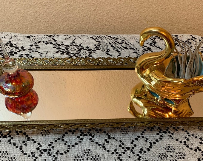 Hollywood Regency Large Mirror Tray, 20in X 12in, Gold Toned Floral