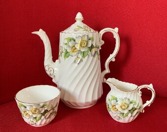 RARE Aynsley Tea Set with teapot, creamer and sugar bowl with Wild Rose Flowers