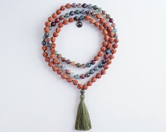 flux mala | perles de mala, méditation japa, 108, rudraksha, jaspe océanique, tranquillité, paix, félicité, objectif, la gentillesse, bonheur, joie, amour