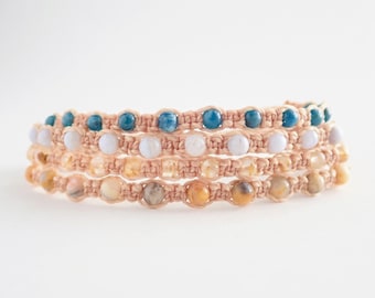 ensemble Gémeaux | bracelets en macramé, agate dentelle heureuse, quartz rutilé, agate dentelle bleue, apatite, vérité