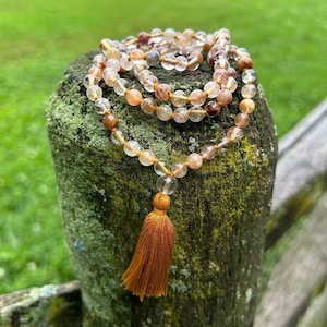radiance mala | mala beads, japa meditation, 108, rutilated quartz, clear quartz, clarity, consciousness, meditation, manifest, abundance