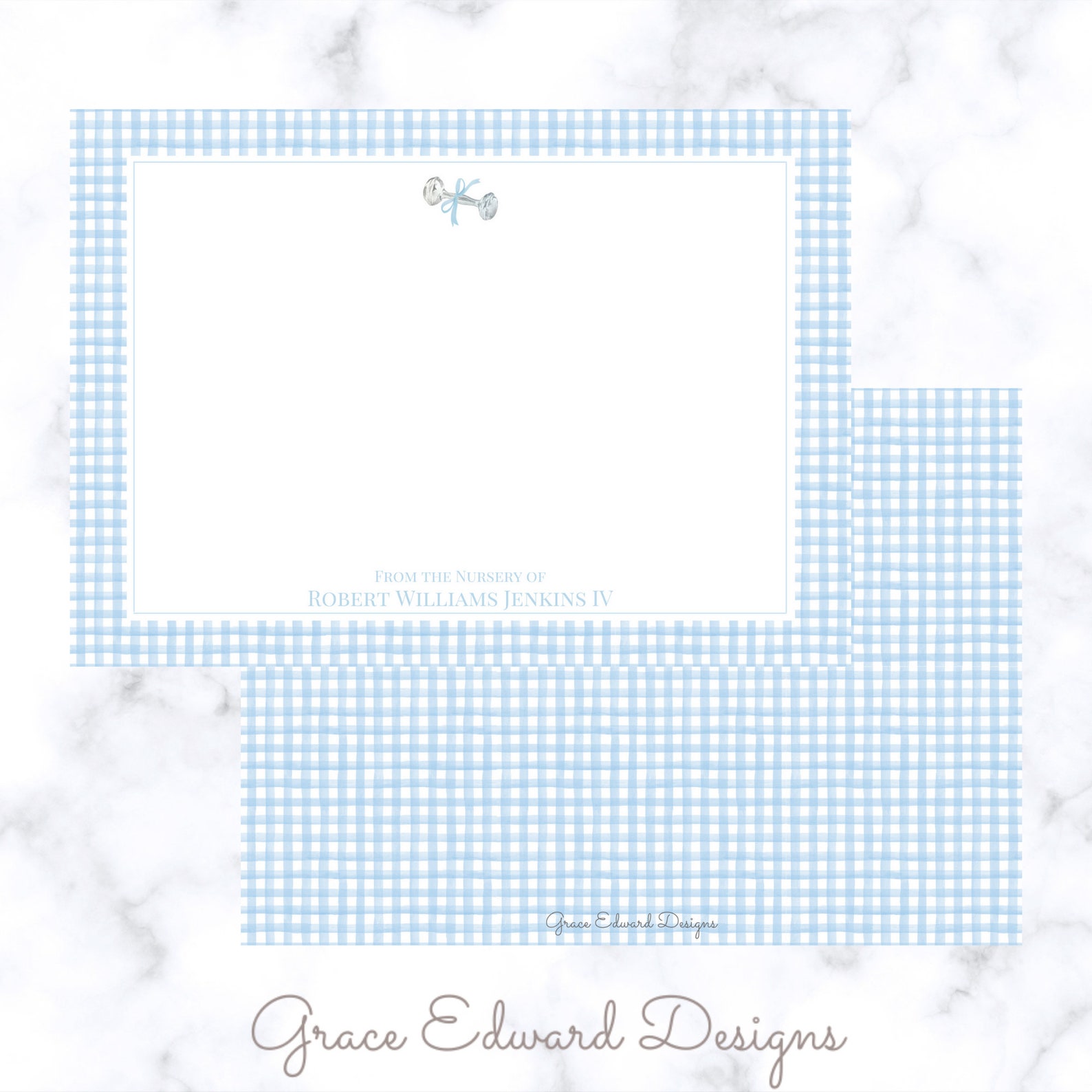 Personalized Baby Boy Stationery Blue Gingham Watercolor Etsy