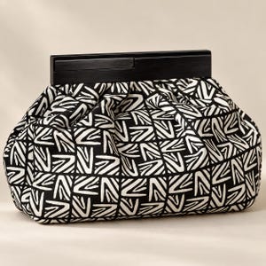 Large Black and White Geometric Cotton Clutch, Wooden Frame Bag