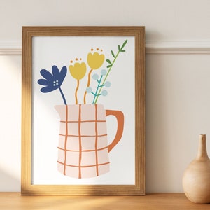 Arte mural de naturaleza muerta con flores, ilustración de jarrón de flores, impresión de arreglo floral divertido, póster botánico abstracto, jarrón de moda imprimible