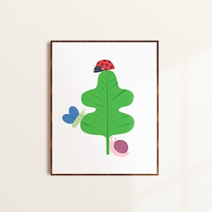 May include: A green leaf with a red ladybug on top, a blue butterfly with green wings, and a pink snail on the bottom.