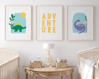 Dinosaur Printable Wall Art, Dinosaur Nursery Decor, Adventure Quote Print, Set Of 3 Nursery Prints, Dinosaur Kid Room Decor, Playroom Decor