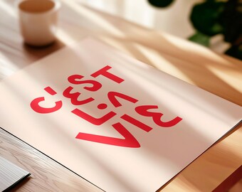 C'est la Vie Wall Art, Printable French Quote, Red and Pink Print, French Saying, Downloadable Quote, Typography Inspirational Poster