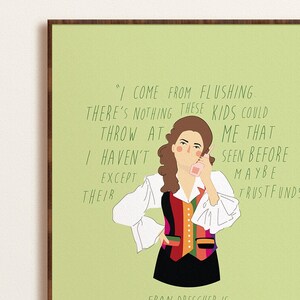May include: Illustration of a woman in a colorful vest and white blouse, holding a pink phone to her ear. The artwork features text on a light green background, including the phrase "I come from Flushing."