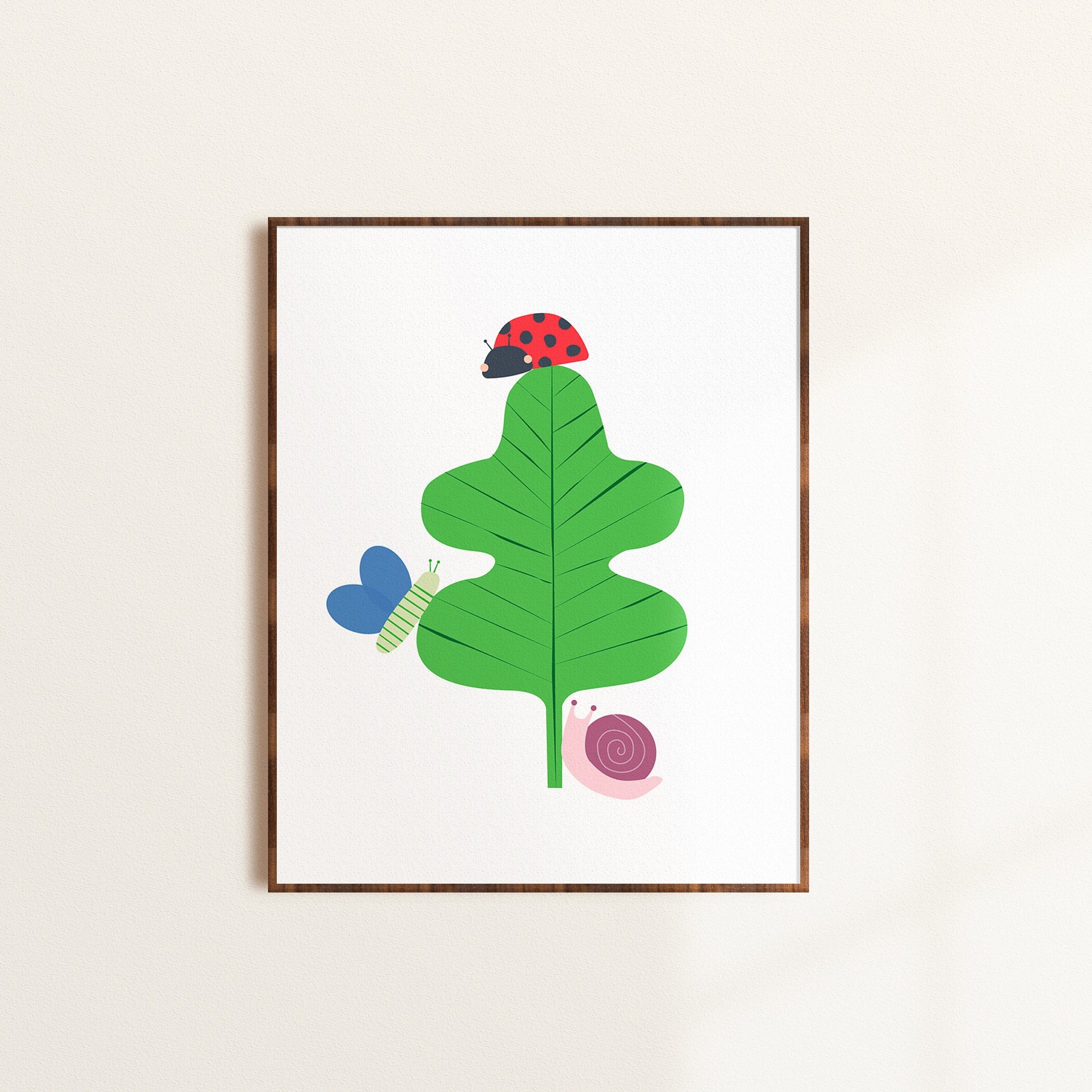 Kids Leaf and Bugs Illustration, Nursery Print, Gardening Printable, Ladybug, Butterfly, Snail Insect Poster, Nature Wall Art, Playful Decor