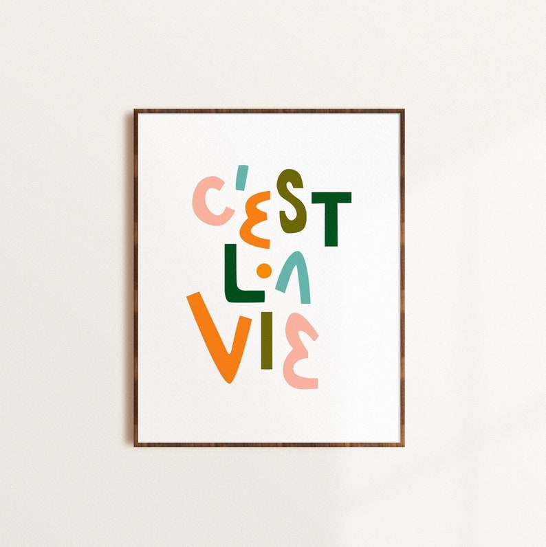 Może przedstawiać: Wydruk w ramie z tekstem "C'est la vie" w kolorowych, stylizowanych literach. Litery są w odcieniach r&oacute;żowego, zielonego, niebieskiego i pomarańczowego.