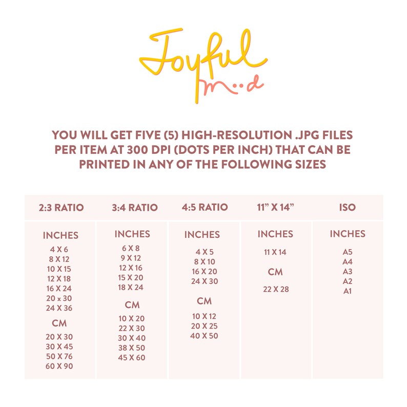 May include: A chart showing the different sizes available for digital downloads of printable images. The chart is divided into five columns: 2:3 Ratio, 3:4 Ratio, 4:5 Ratio, 11" x 14", and ISO. Each column lists the dimensions in inches and centimetres. The chart is titled "You will get five (5) high-resolution .jpg files per item at 300 dpi (dots per inch) that can be printed in any of the following sizes."