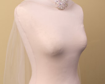 Elegant bridal scarf veil with handmade vintage aurora borealis applique on ivory tulle with a veil-like drop at the back.