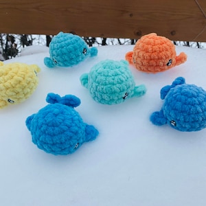 May include: Six crocheted whale plushies in various colors, including blue, light blue, yellow, green, and orange. The plushies are arranged on a white surface.